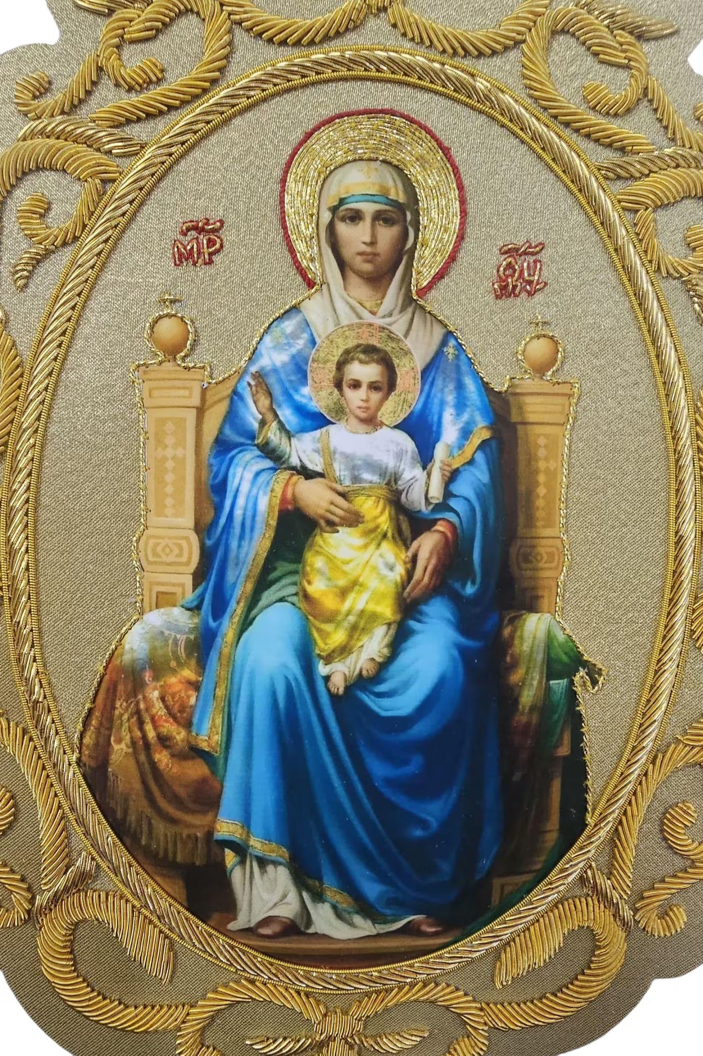 Aurum Sacrum – Our Lady Enthroned with Child Jesus” Hand-Embroidered & Printed Appliqué for Catholic Vestments