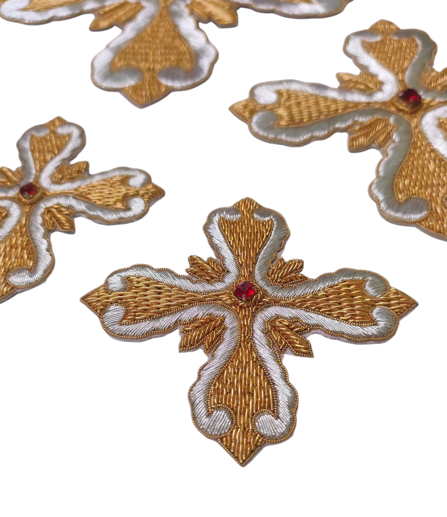 Gold & Silver Hand-Embroidered Cross Set of 12 | Bullion Wire Liturgical Appliqué | Sew-On Cross for Vestments & Banners | Handmade Church Embroidery