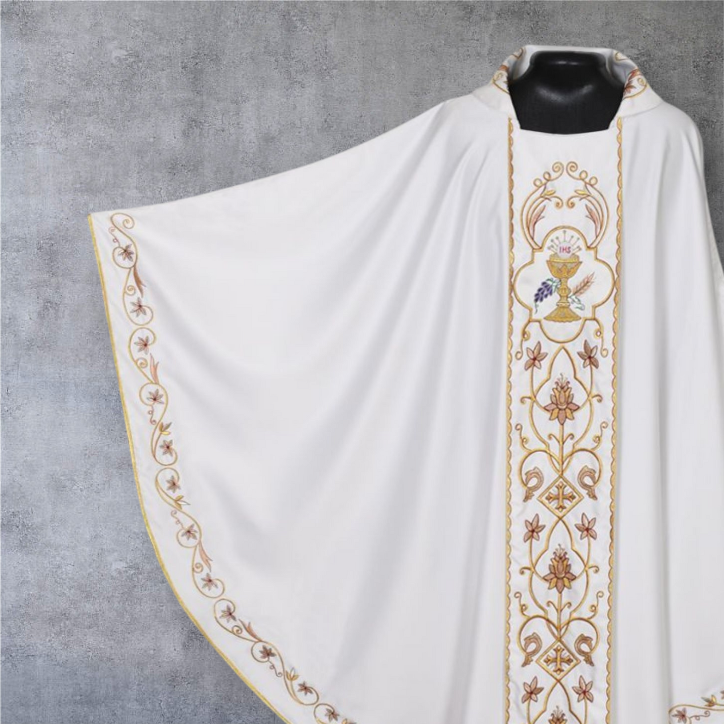 Gothic Chasuble with Embroidered IHS & Floral Orphrey Catholic Priest Vest