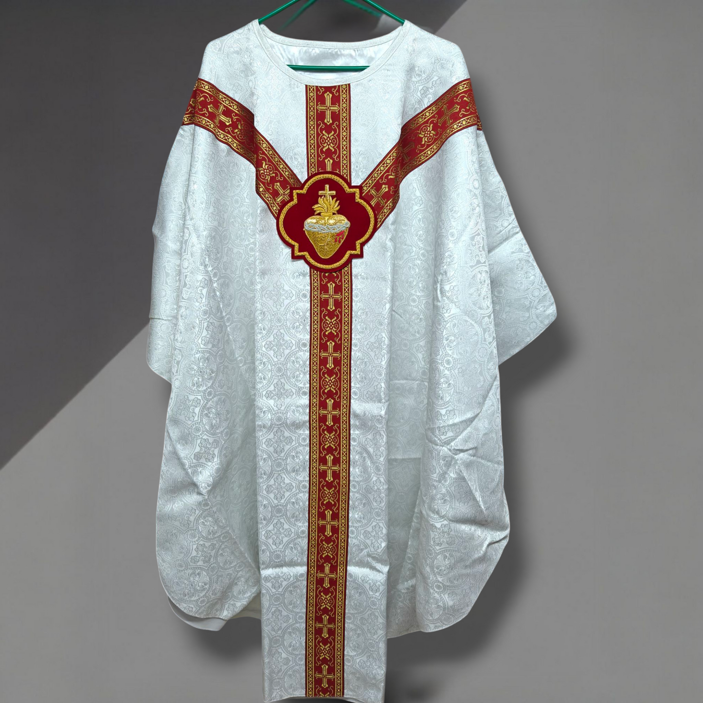 Hand-Embroidered Sacred Heart Red Chasuble in Damask & Matching Stole