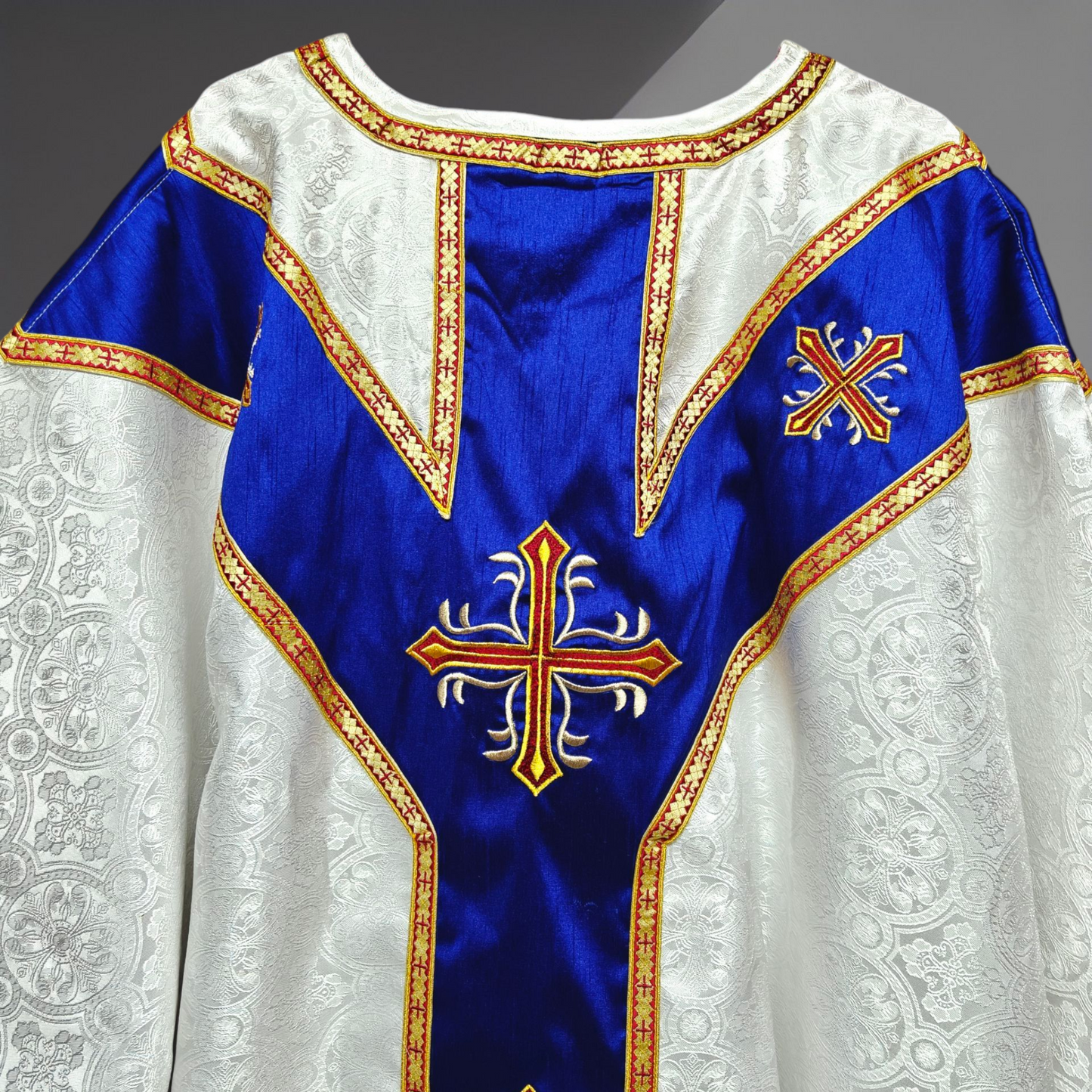 White Gothic Chasuble with Marian Applique Damask Fabric Vestment For Priest