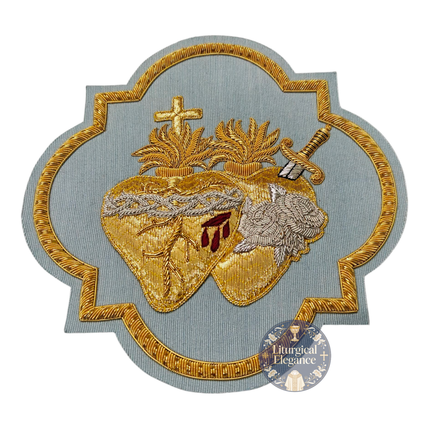 Sacred Heart of Jesus & Immaculate Heart of Mary United – Hand Embroidered Gold