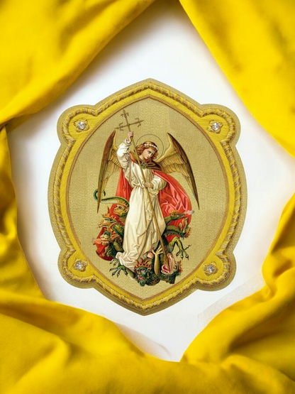 Saint Michael Appliqué | Gold Bullion and Silk Thread | Vestment Embroidery Patch on Gold Fabric