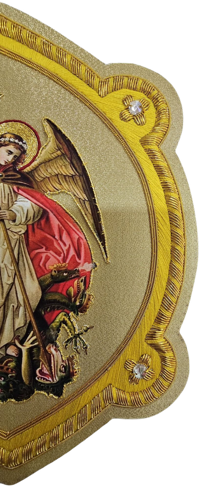 Saint Michael Appliqué | Gold Bullion and Silk Thread | Vestment Embroidery Patch on Gold Fabric