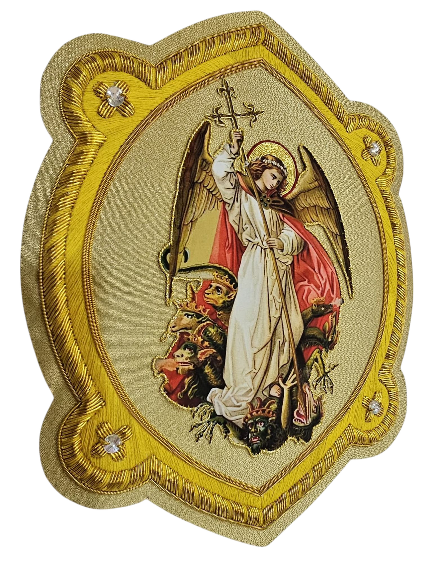 Saint Michael Appliqué | Gold Bullion and Silk Thread | Vestment Embroidery Patch on Gold Fabric