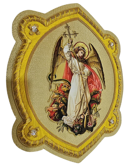 Saint Michael Appliqué | Gold Bullion and Silk Thread | Vestment Embroidery Patch on Gold Fabric