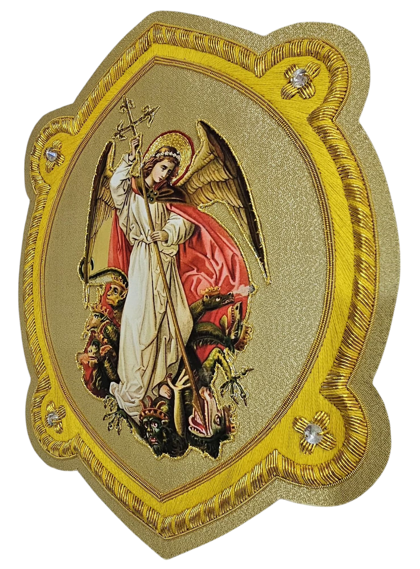 Saint Michael Appliqué | Gold Bullion and Silk Thread | Vestment Embroidery Patch on Gold Fabric