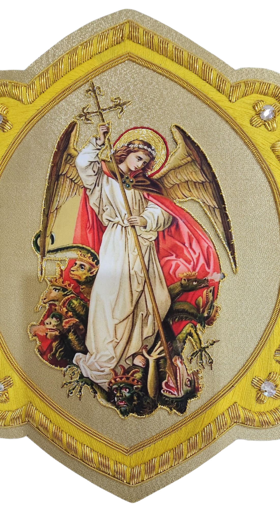 Saint Michael Appliqué | Gold Bullion and Silk Thread | Vestment Embroidery Patch on Gold Fabric