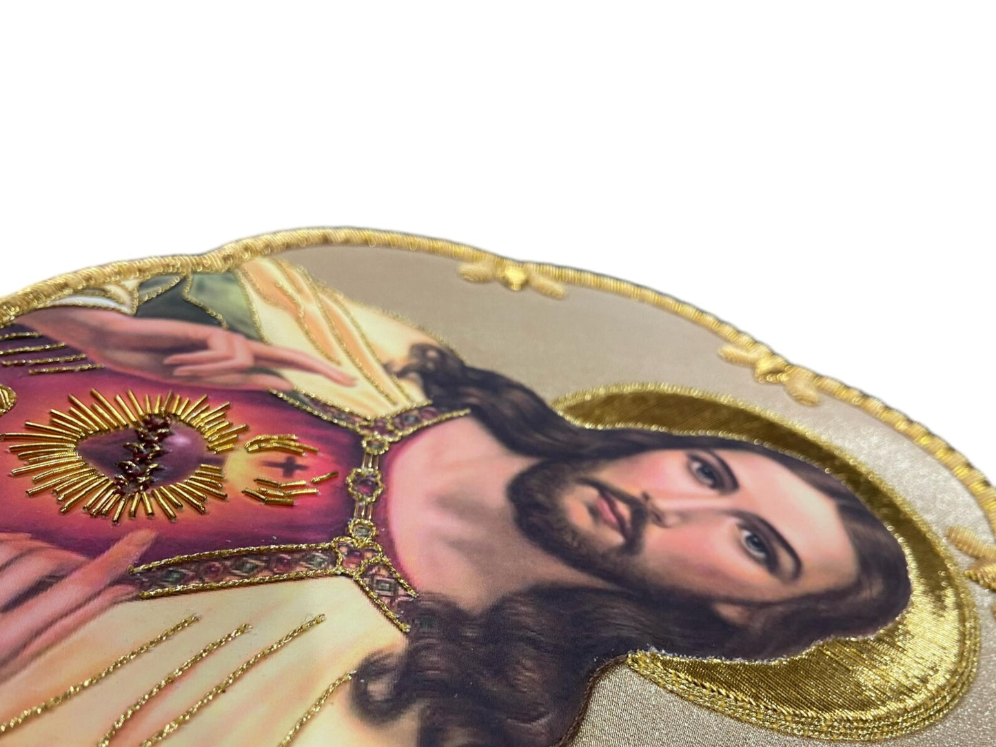 Sacred Heart of Jesus Appliqué | Hand-Embroidered &amp; Printed Vestment Icon Patch | Gold Bullion Wire on Gold Fabric