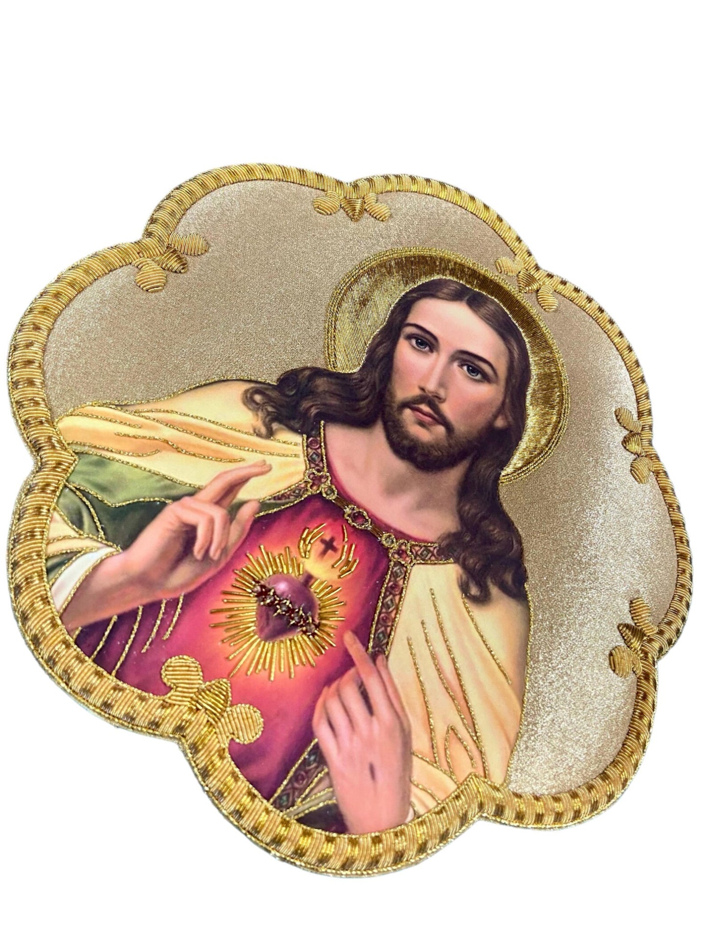Sacred Heart of Jesus Appliqué | Hand-Embroidered &amp; Printed Vestment Icon Patch | Gold Bullion Wire on Gold Fabric