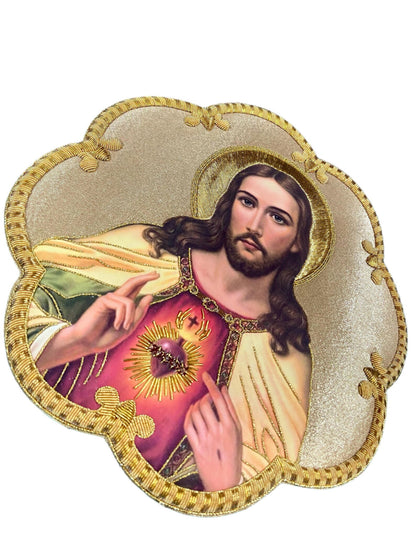 Sacred Heart of Jesus Appliqué | Hand-Embroidered &amp; Printed Vestment Icon Patch | Gold Bullion Wire on Gold Fabric