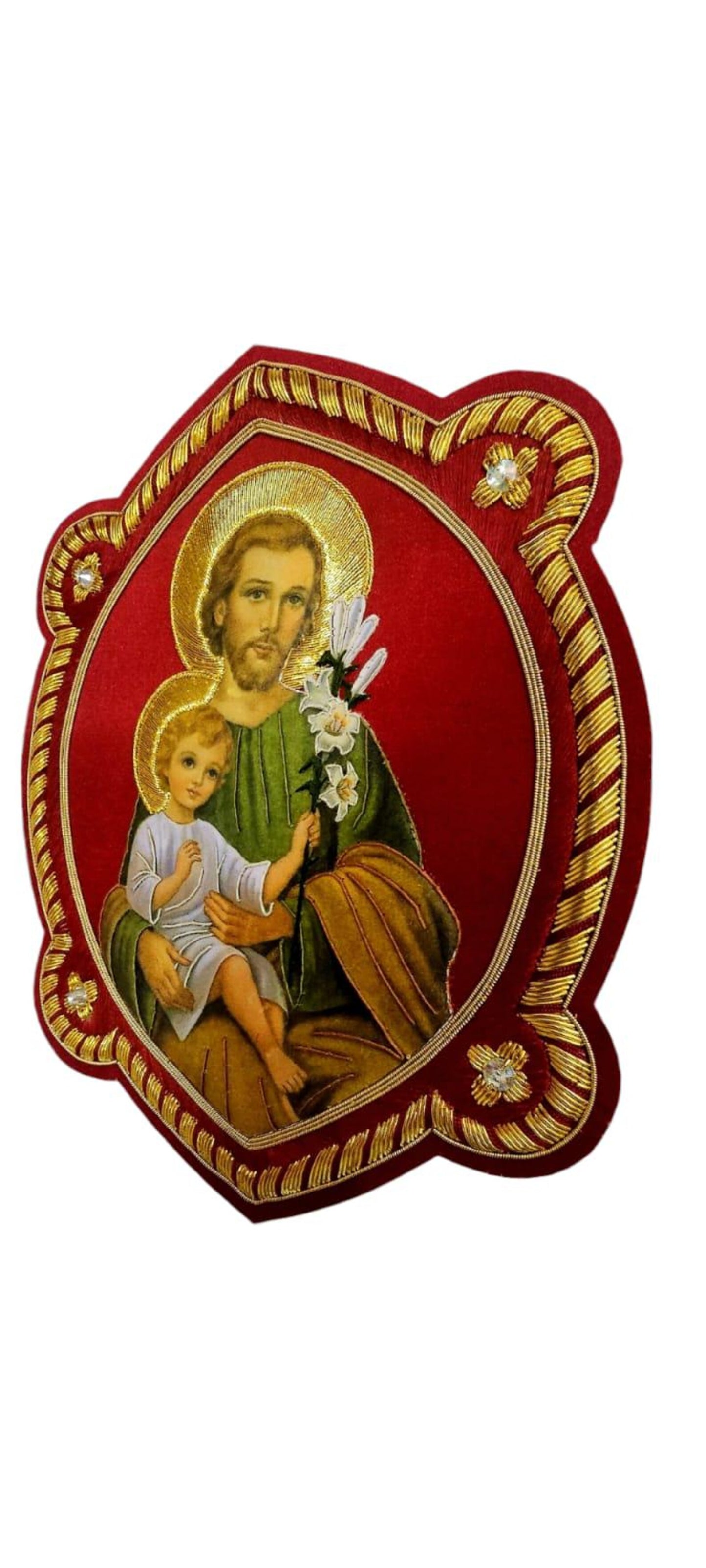 Saint Joseph with Child Jesus Appliqué Hand-Embroidered &amp; Printed | Sew-On | Catholic Vestment Art