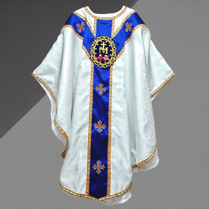 White Gothic Chasuble with Marian Applique Damask Fabric Vestment For Priest