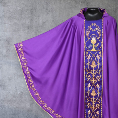 Gothic Chasuble with Embroidered IHS & Floral Orphrey Catholic Priest Vest