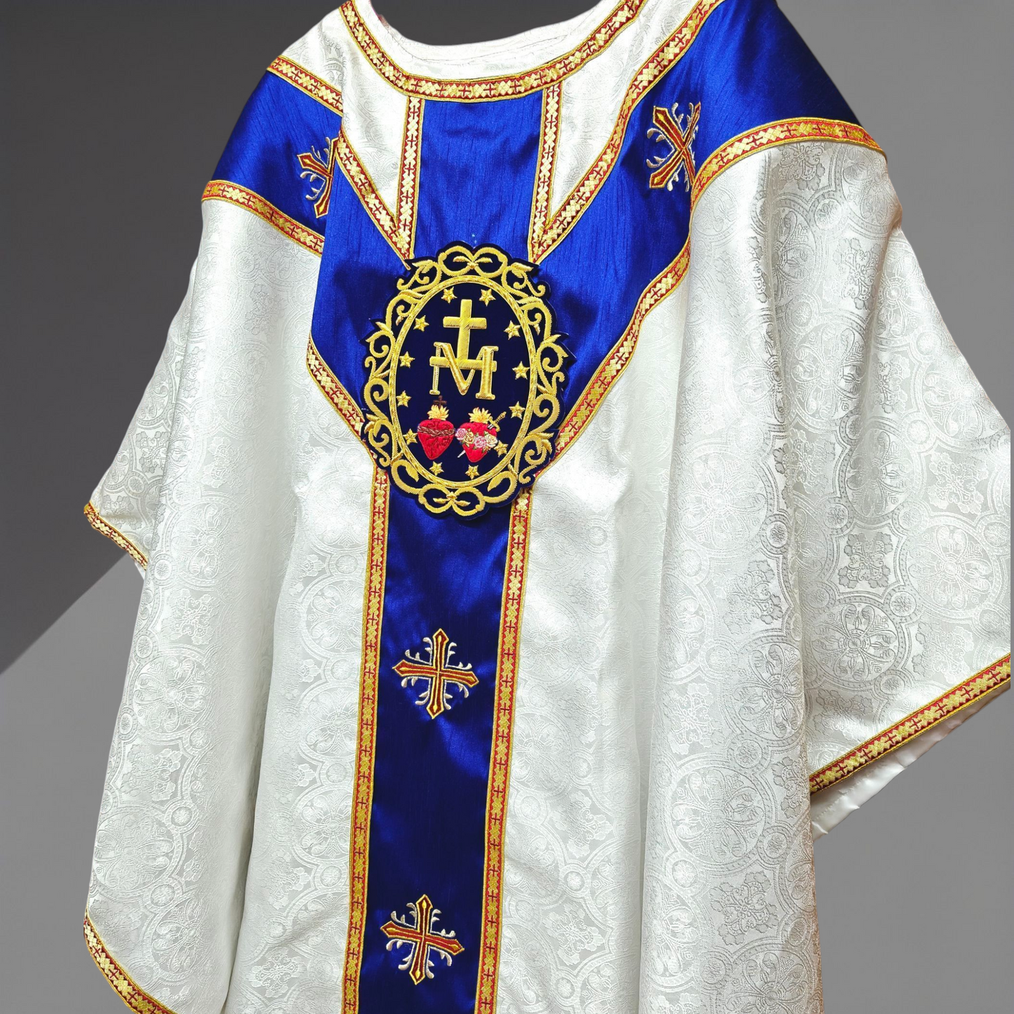 White Gothic Chasuble with Marian Applique Damask Fabric Vestment For Priest