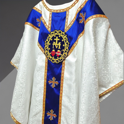 White Gothic Chasuble with Marian Applique Damask Fabric Vestment For Priest