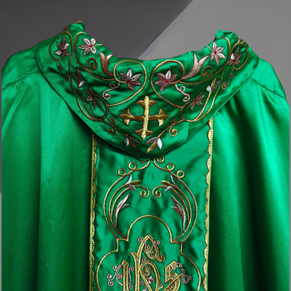 Gothic Chasuble with Embroidered IHS & Floral Orphrey Catholic Priest Vest