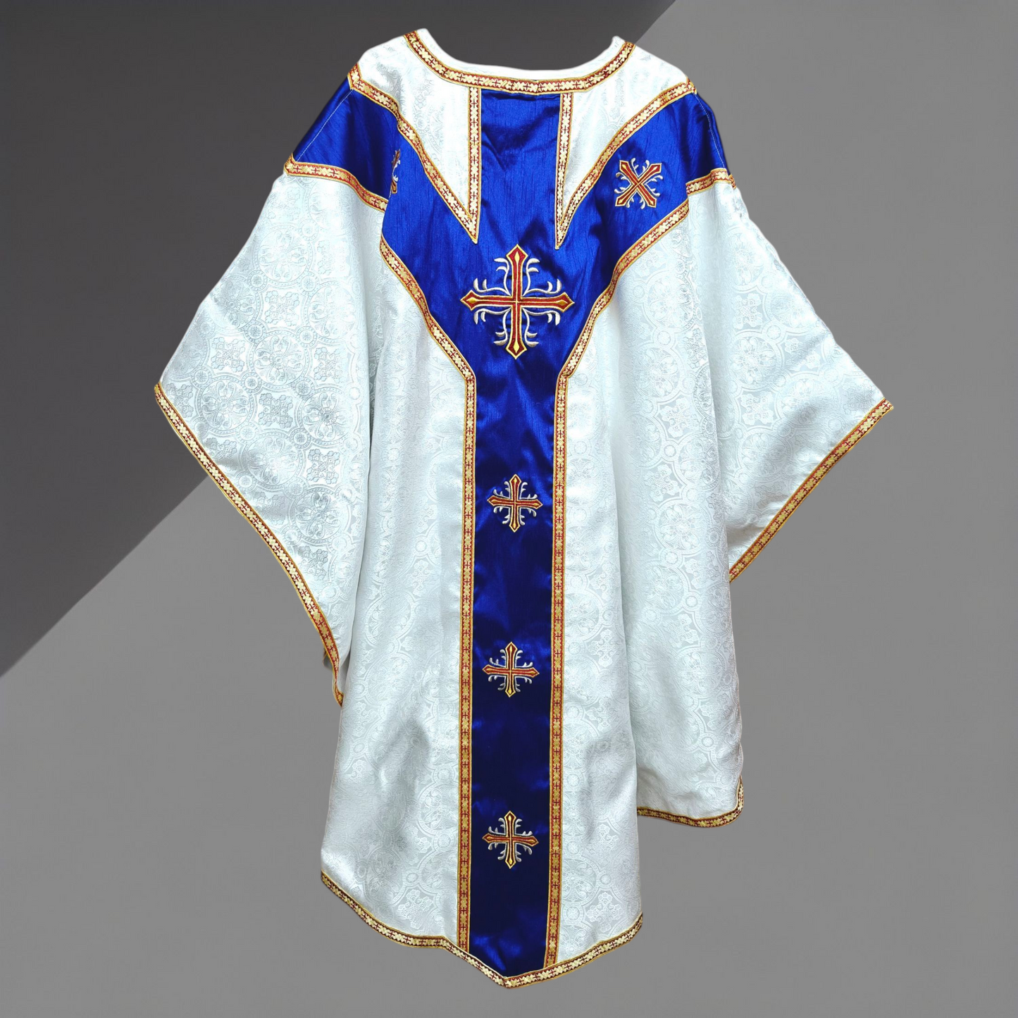 White Gothic Chasuble with Marian Applique Damask Fabric Vestment For Priest