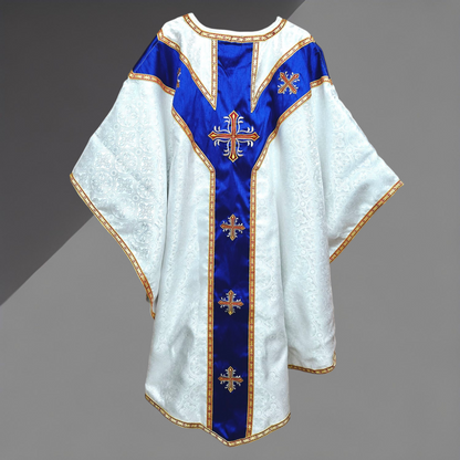 White Gothic Chasuble with Marian Applique Damask Fabric Vestment For Priest