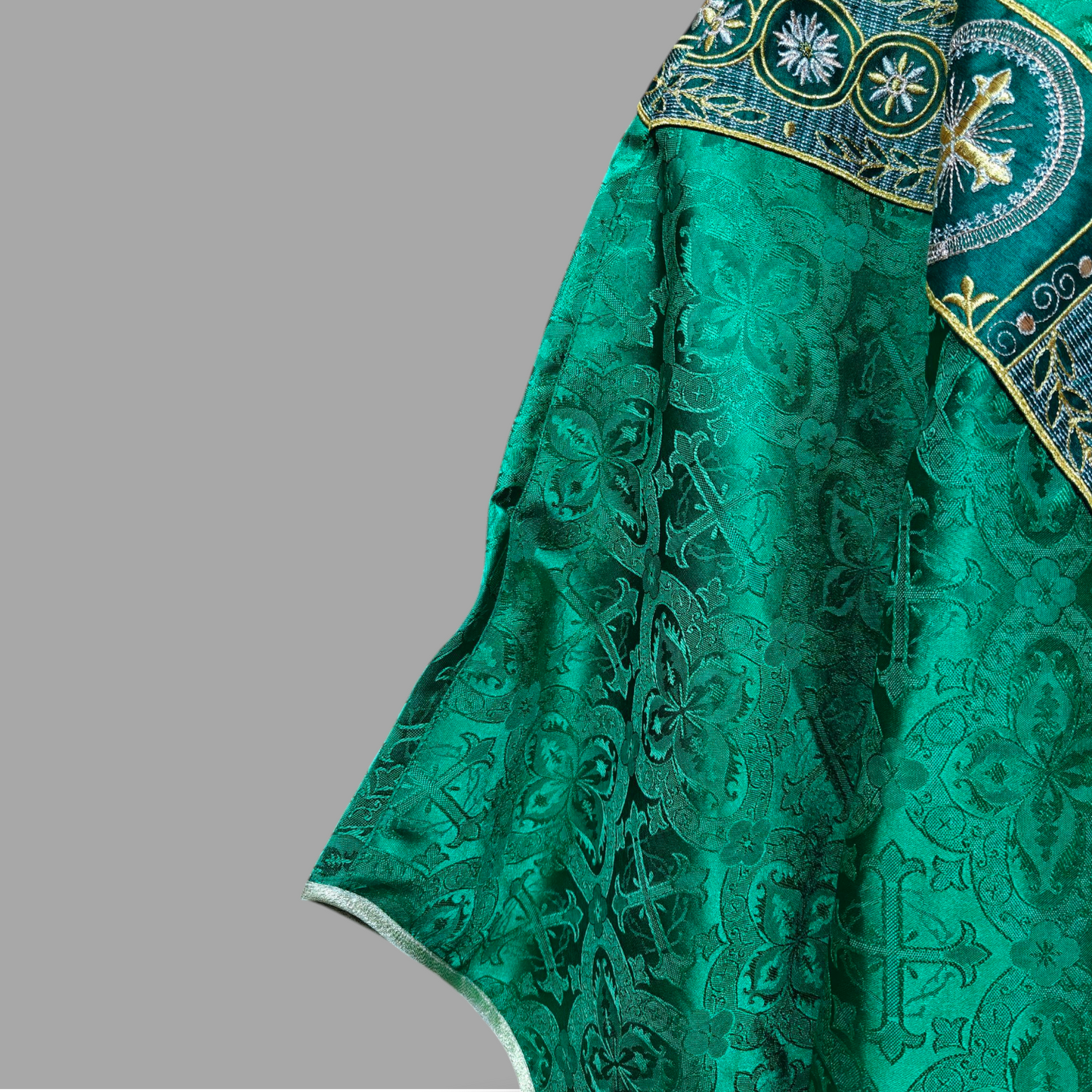 Hand-Embroidered Sacred Heart Green Chasuble in Church Damask & Fringed Stole.