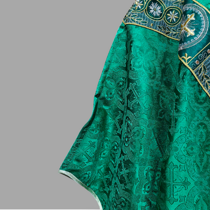 Hand-Embroidered Sacred Heart Green Chasuble in Church Damask & Fringed Stole.
