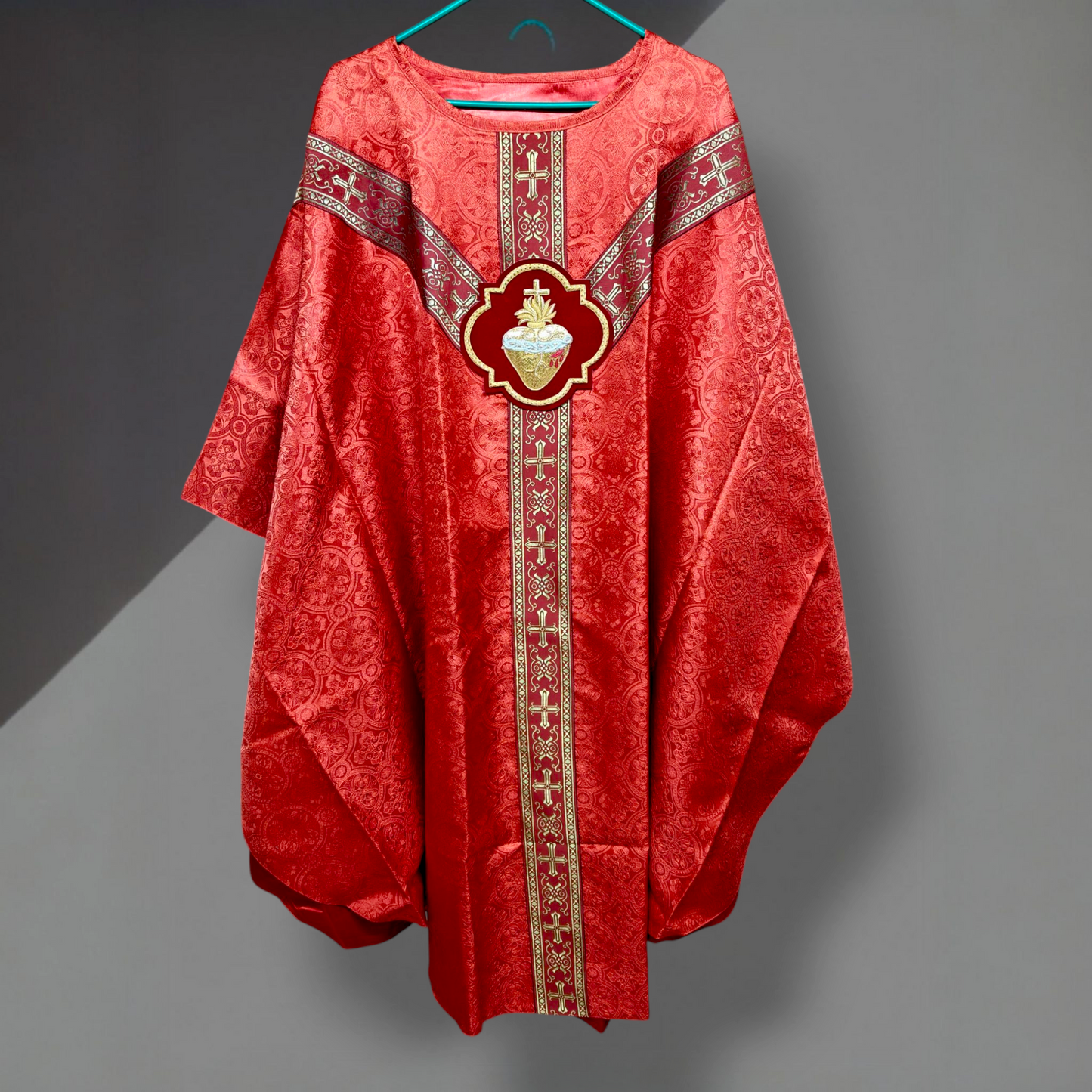 Hand-Embroidered Sacred Heart Red Chasuble in Damask & Matching Stole