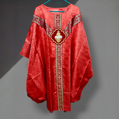 Hand-Embroidered Sacred Heart Red Chasuble in Damask & Matching Stole