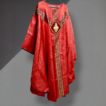 Hand-Embroidered Sacred Heart Red Chasuble in Damask & Matching Stole