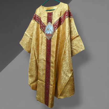 Hand-Embroidered Pelican Applique Oval Gold Chasuble in Damask & Matching Stole