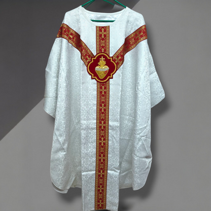 Hand-Embroidered Sacred Heart Red Chasuble in Damask & Matching Stole