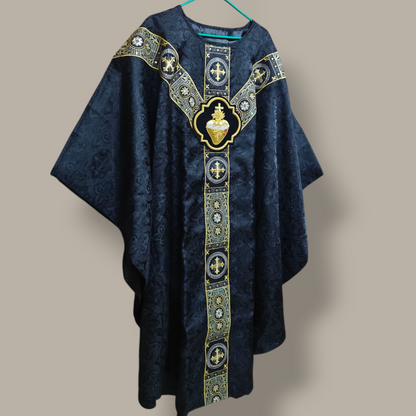 Hand-Embroidered Sacred Heart Black Chasuble in Church Damask & Fringed Stole
