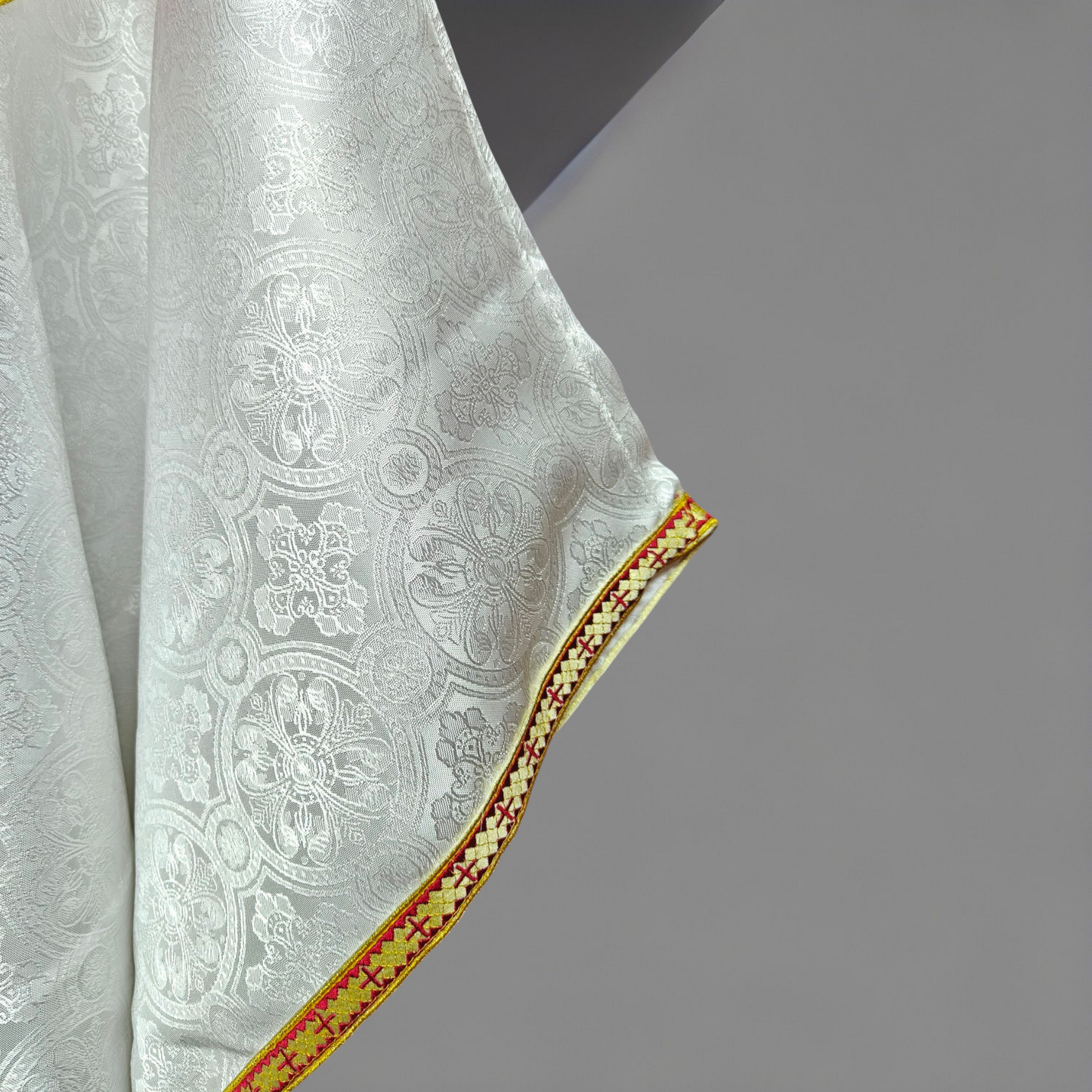 White Gothic Chasuble with IHS Applique Damask Fabric Vestment For Priest
