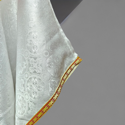 White Gothic Chasuble with IHS Applique Damask Fabric Vestment For Priest