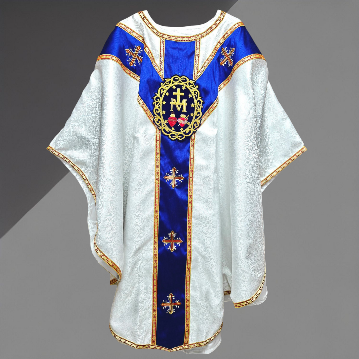White Gothic Chasuble with Marian Applique Damask Fabric Vestment For Priest
