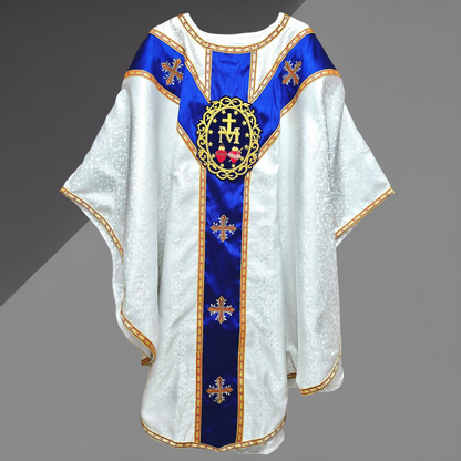 White Gothic Chasuble with Marian Applique Damask Fabric Vestment For Priest