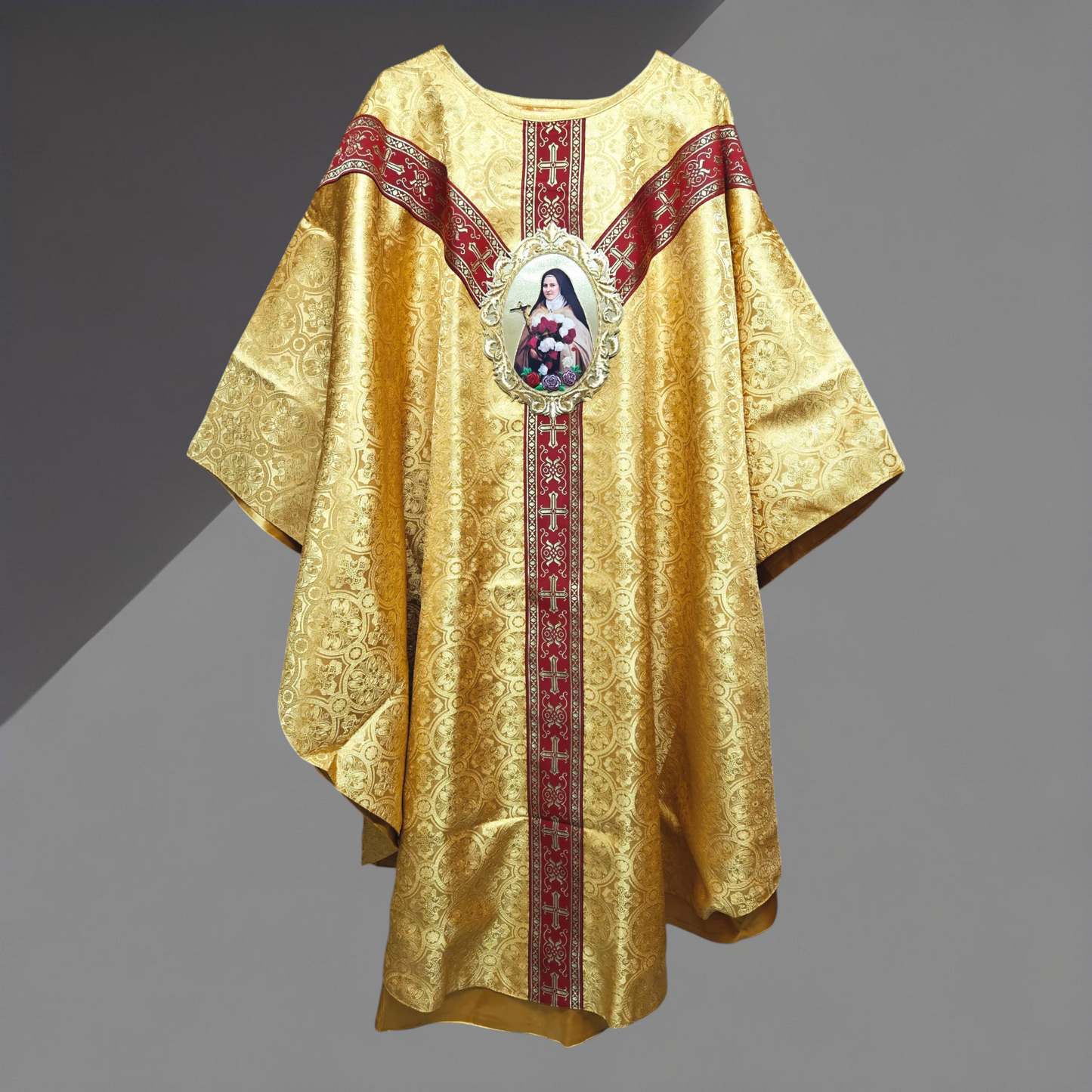 Gold Damask Chasuble with St. Therese Appliqué Catholic Priest Vestment Set