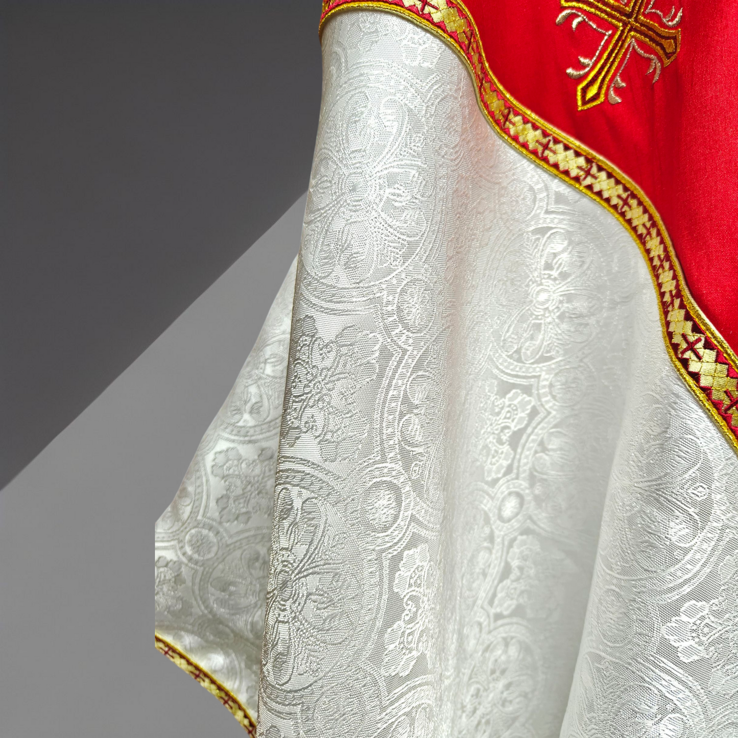 White Gothic Chasuble with IHS Applique Damask Fabric Vestment For Priest