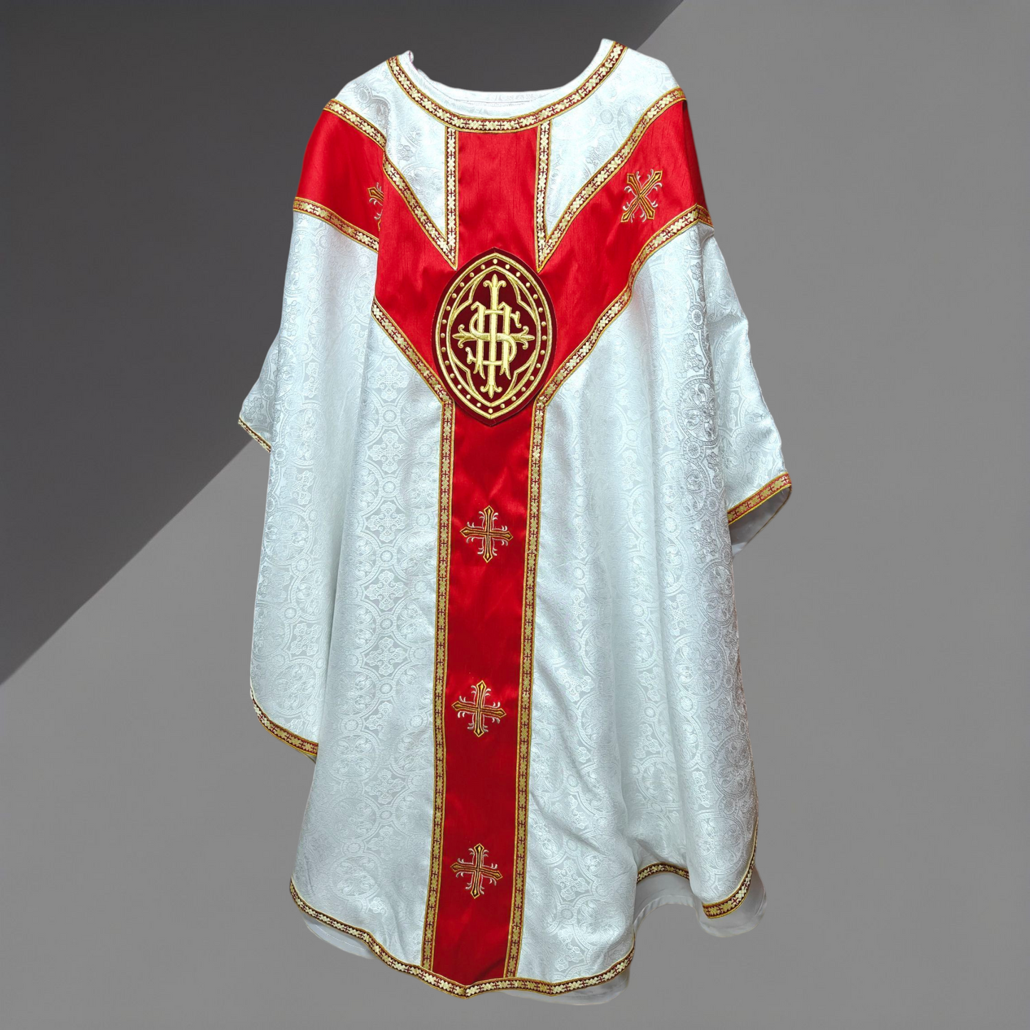 White Gothic Chasuble with IHS Applique Damask Fabric Vestment For Priest