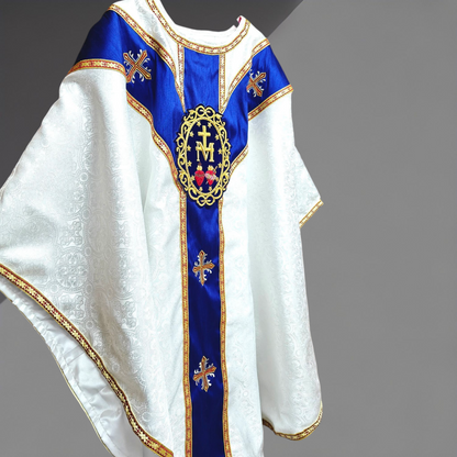 White Gothic Chasuble with Marian Applique Damask Fabric Vestment For Priest