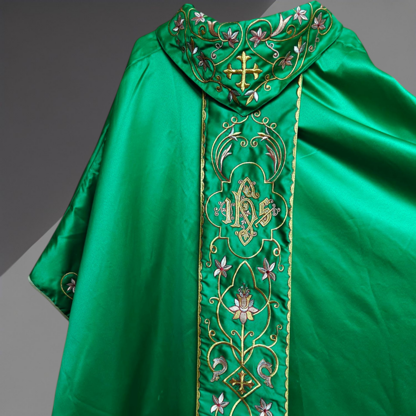 Gothic Chasuble with Embroidered IHS & Floral Orphrey Catholic Priest Vest
