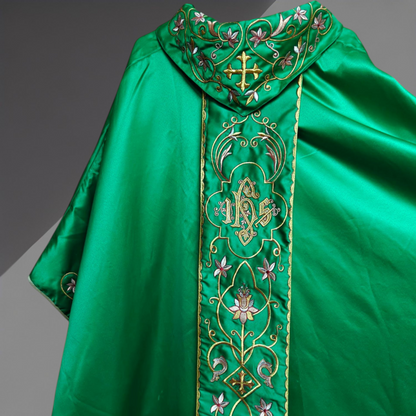 Gothic Chasuble with Embroidered IHS & Floral Orphrey Catholic Priest Vest