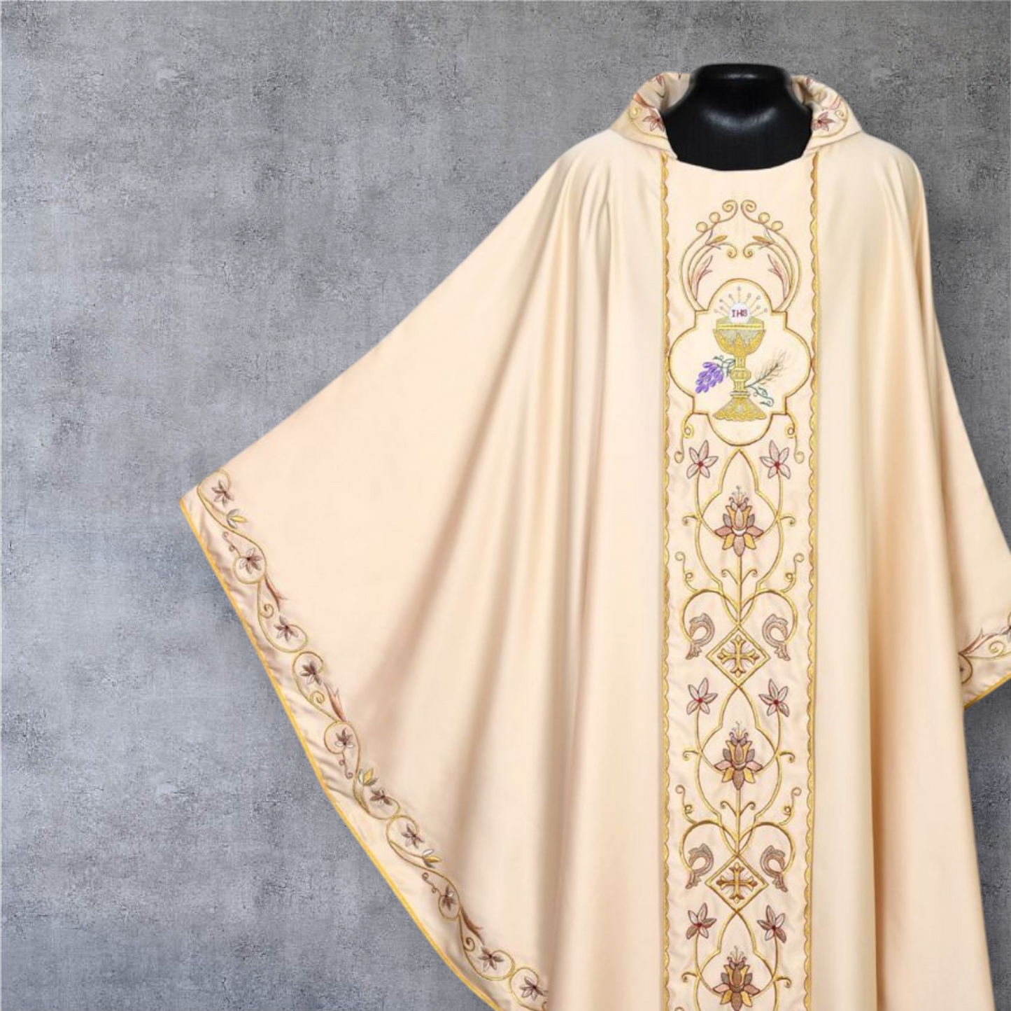Gothic Chasuble with Embroidered IHS & Floral Orphrey Catholic Priest Vest