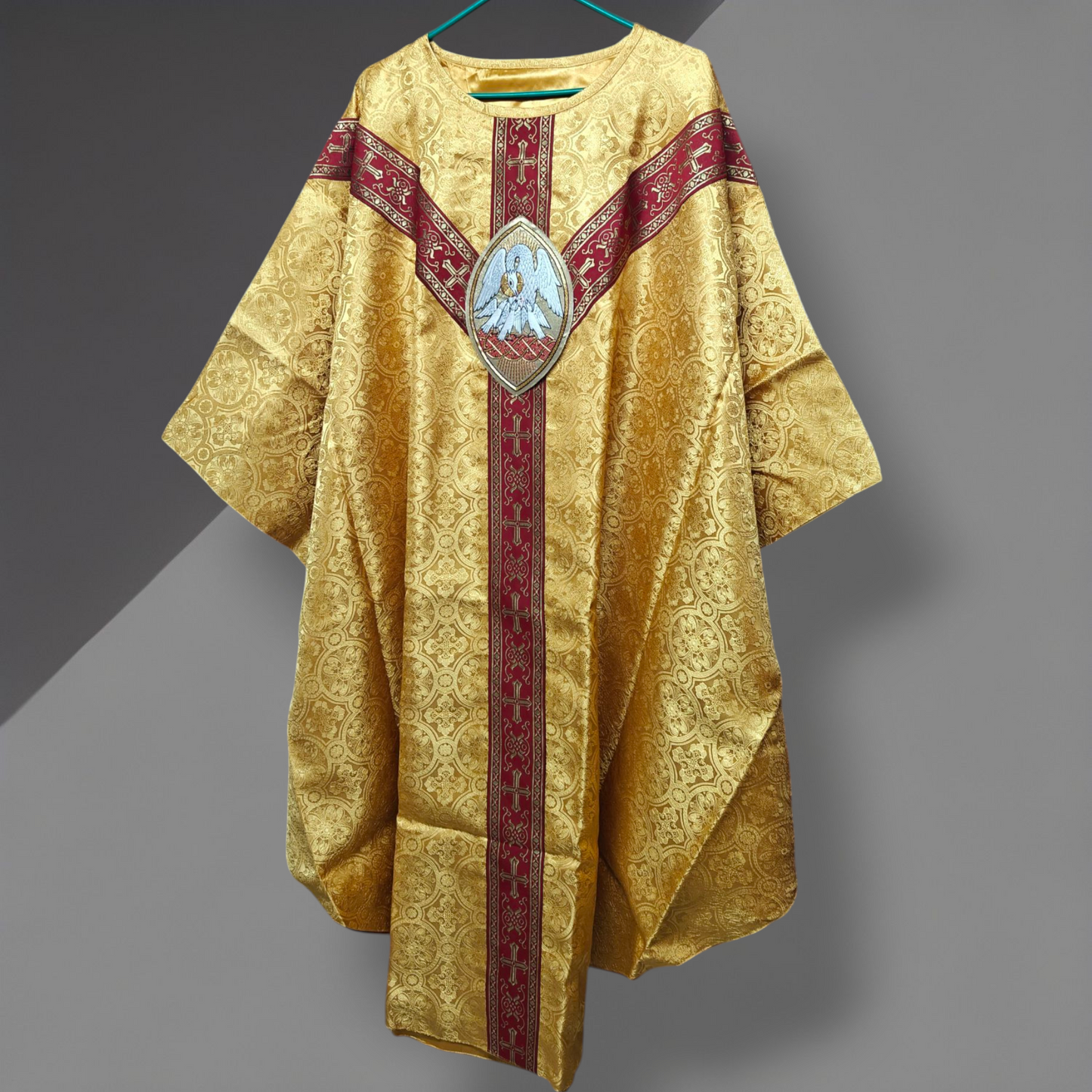Hand-Embroidered Pelican Applique Oval Gold Chasuble in Damask & Matching Stole