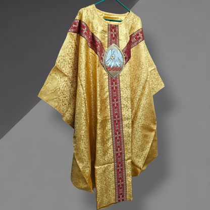 Hand-Embroidered Pelican Applique Oval Gold Chasuble in Damask & Matching Stole