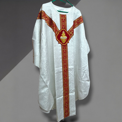 Hand-Embroidered Sacred Heart Red Chasuble in Damask & Matching Stole