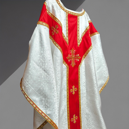 White Gothic Chasuble with IHS Applique Damask Fabric Vestment For Priest