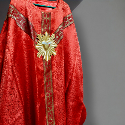 Hand-Embroidered Sacred Heart with Rays Chasuble in Damask & Matching Stole