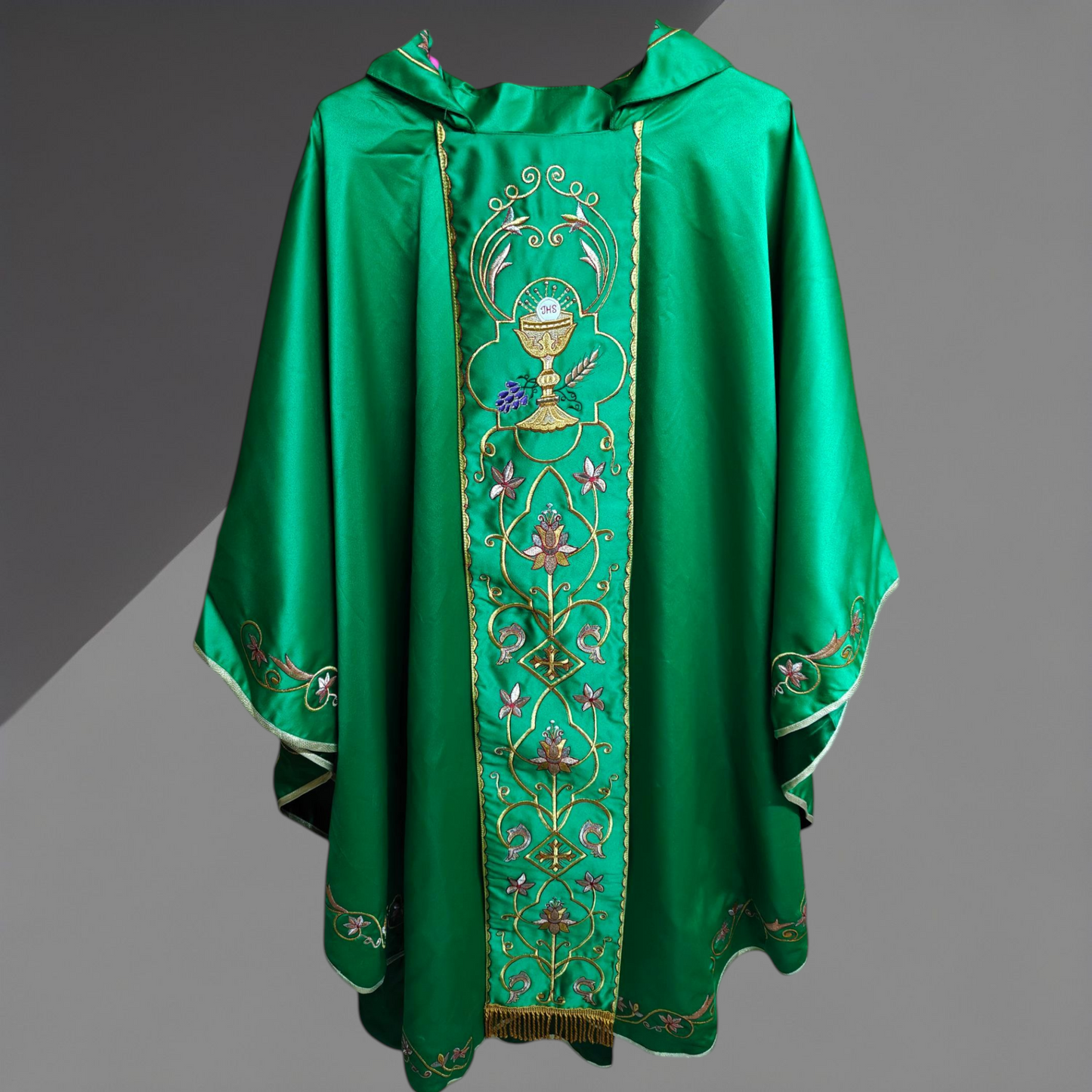 Gothic Chasuble with Embroidered IHS & Floral Orphrey Catholic Priest Vest