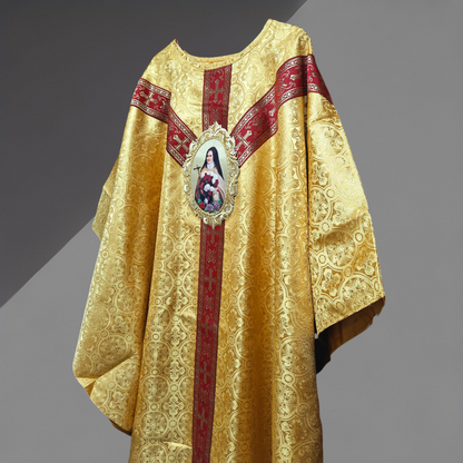 Gold Damask Chasuble with St. Therese Appliqué Catholic Priest Vestment Set
