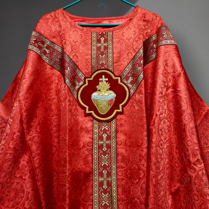 Hand-Embroidered Sacred Heart Red Chasuble in Damask & Matching Stole